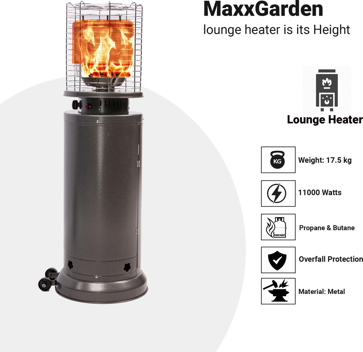 MaxxGarden Terrasverwarmer - Flameheather - Sfeerhaard - - 11000W Incl. Hoes - Zwart - maxxtools.be